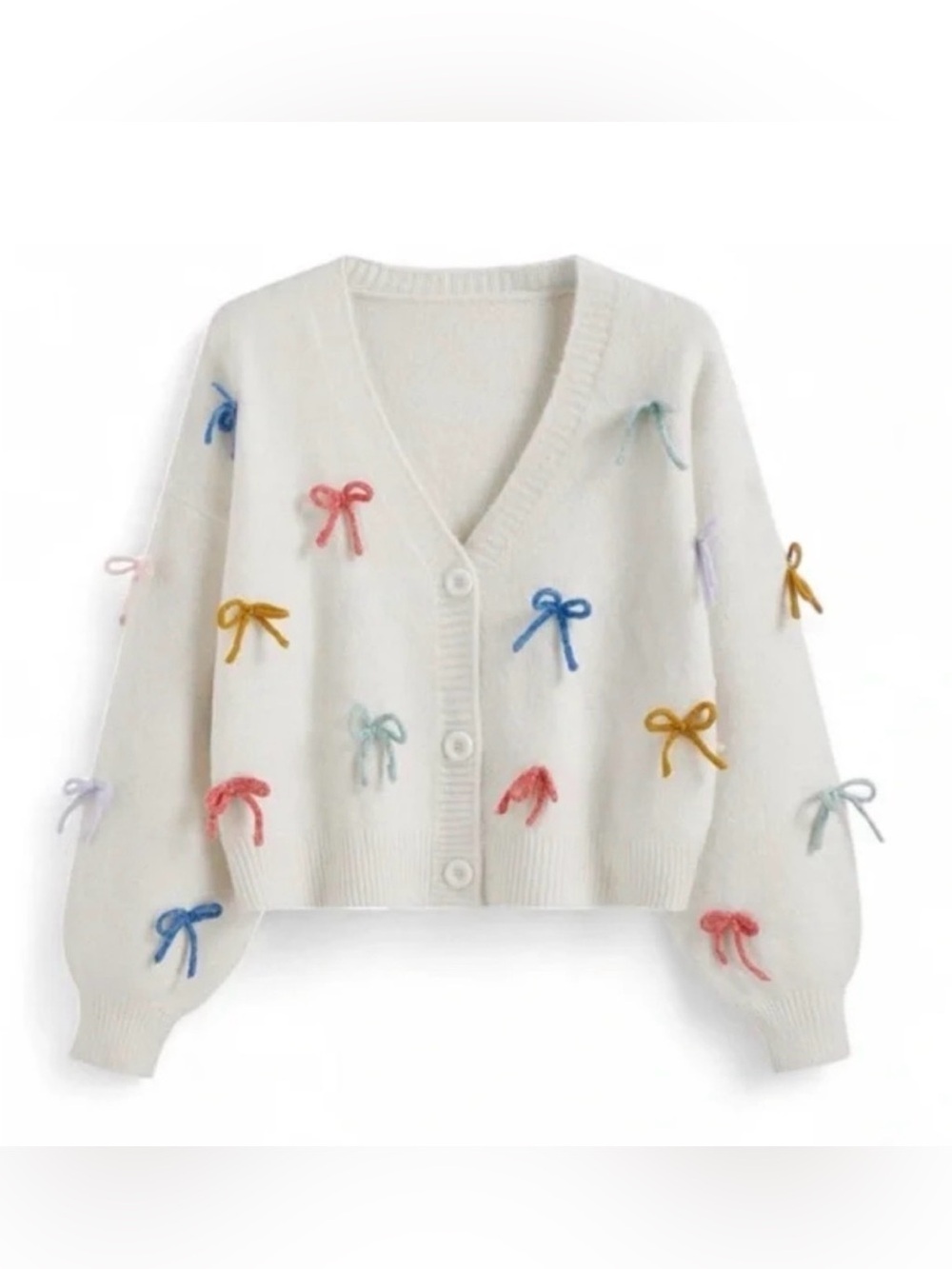 Anthropologie Luna Ivy Bow Cardigan Cream Multicolor Ribbon Sweater Size Small